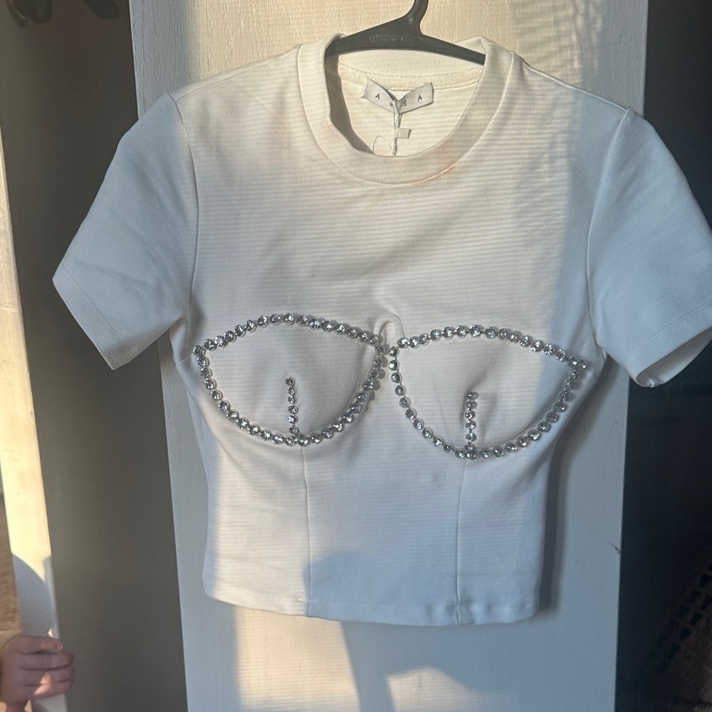 AREA White Crop Top with Silver Embellishments